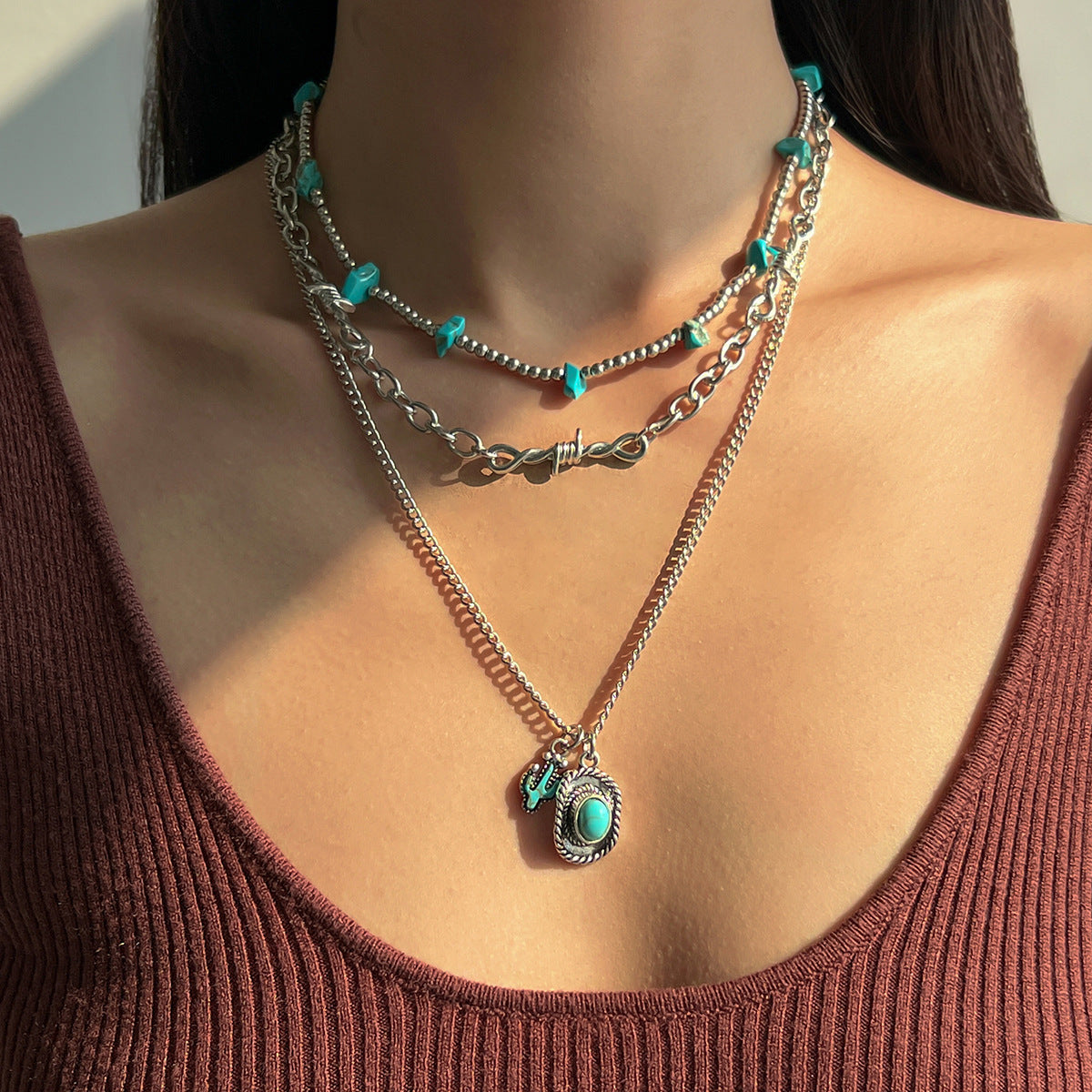 Wholesale Western cowboy hat and turquoise multi-layer necklace